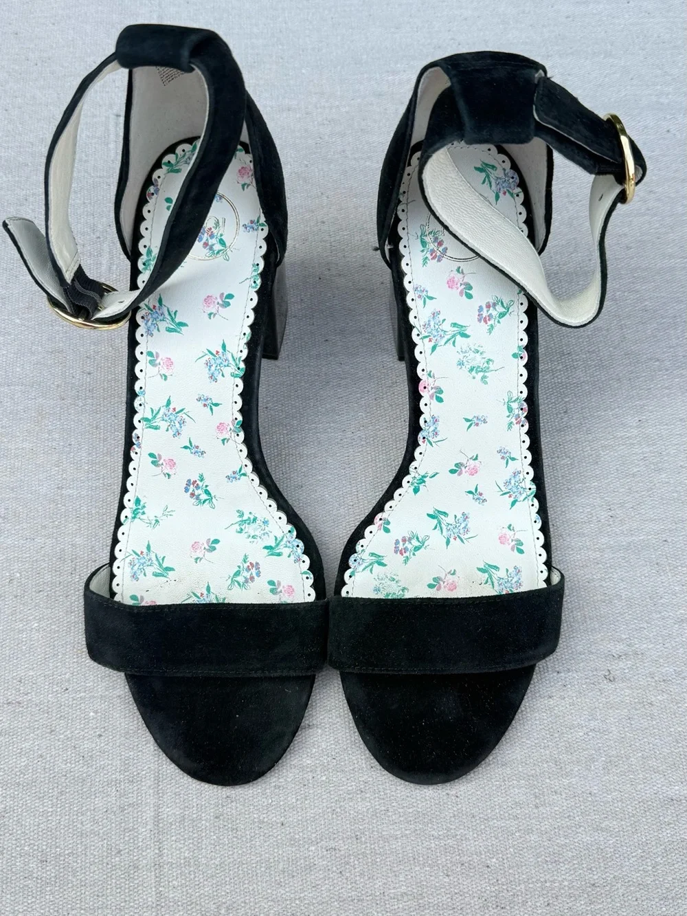 1901 Black Suede Ankle-Strap Heels with Floral Insole
